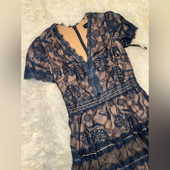 NEW Tadashi Shoji Beatrice Lace & Mesh Midi Cocktail Dress NAVY NUDE sz 12 - Picture 5 of 8
